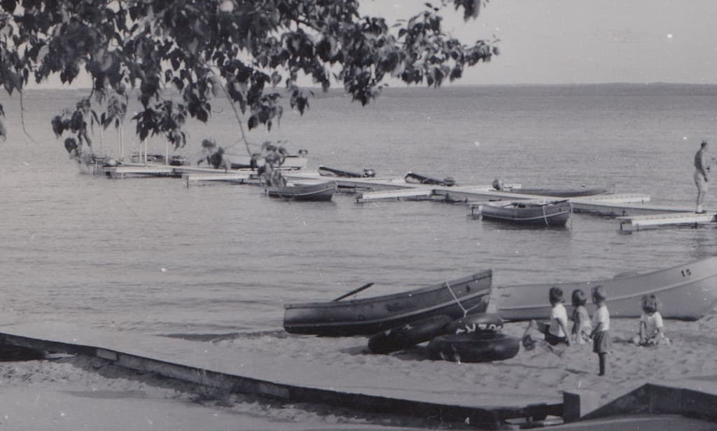 NE Cheboygan Mullett Lake MI RPPC 1950s BEACH BABES & FAMILY FUN Waterfront at popular Silver Lodge Resort & Cabins Northwest Mullett Lake Cheboygan Co3
