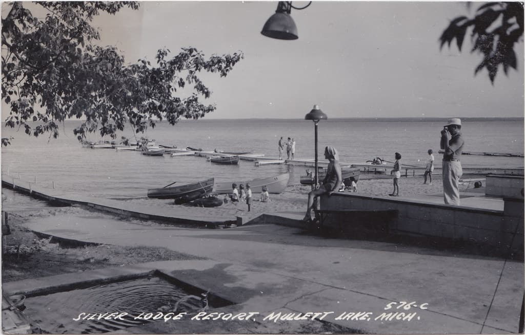 NE Cheboygan Mullett Lake MI RPPC 1950s BEACH BABES & FAMILY FUN Waterfront at popular Silver Lodge Resort & Cabins Northwest Mullett Lake Cheboygan Co