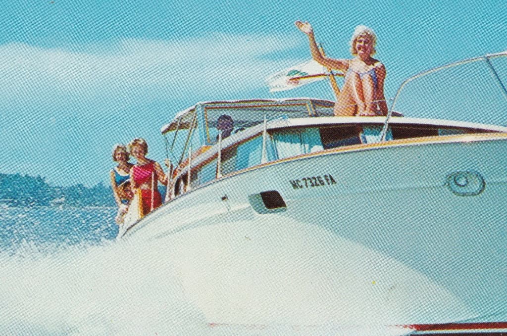 NW Traverse MI c.1960s PRETTY GALS WONDERFUL VIEW OF THE MISS IRMA full of BEACH BABES was a Charter Service for sight seeing cruiser bearthed at Clinch Park Marina PHIL BALYEAT3