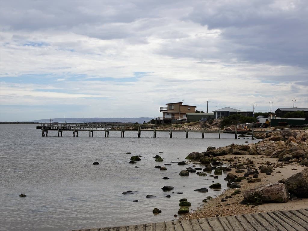 Hindmarsh Island. At the Murray River mouth. Shacks and jettties.