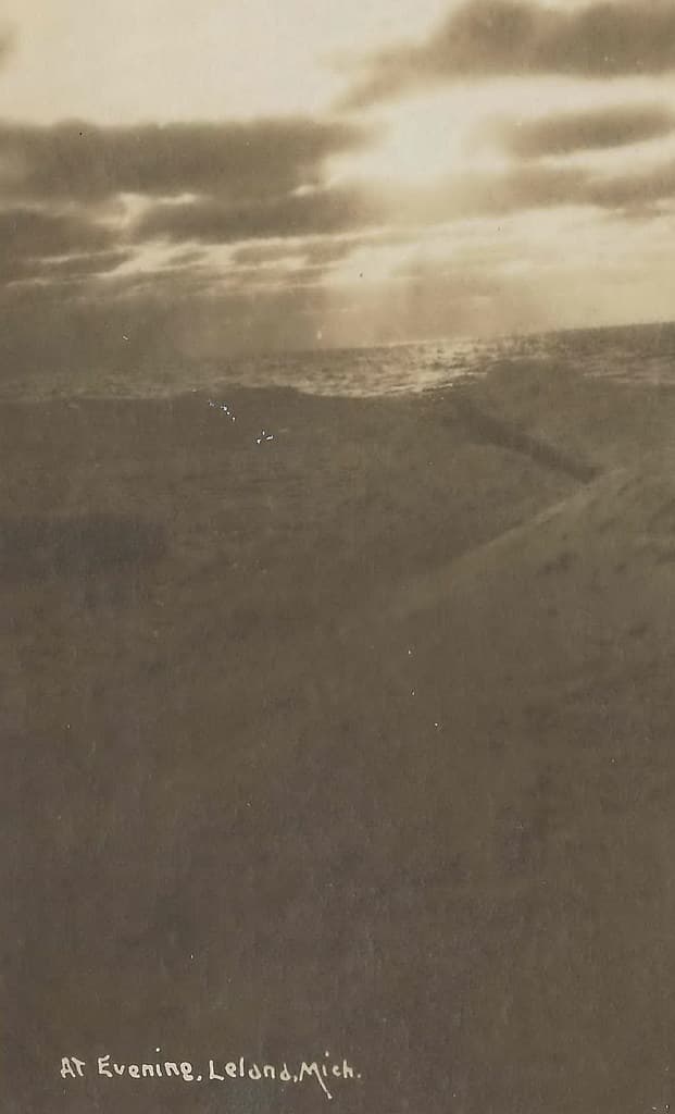 NW Leelanau Leland MI RPPC 1920 SUNSETS OVER LAKE MICHIGAN AND WATERFRONT DUNES Beach front South of the Village Dirt Street s early Automobile Era PHOTOGRAPHER UNK1
