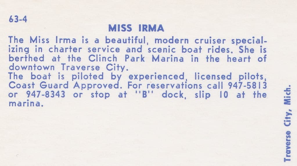 NW Traverse MI c.1960s WONDERFUL VIEW OF THE MISS IRMA full of BEACH BABES The Miss Irma was a Charter Service for sight seeing cruiser bearthed at Clinch Park Marina PHIL BALYEAT1