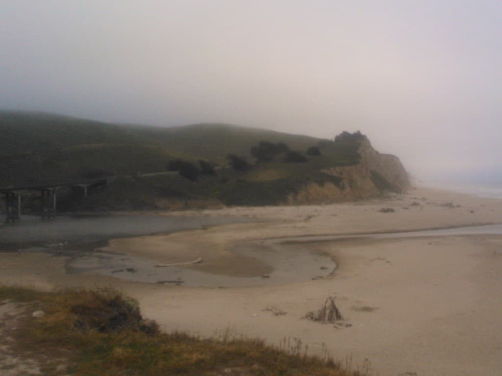San Gregorio River in the fog, cliffs, sand estuary, San Gregorio State Beach, Pescadero, California, USA