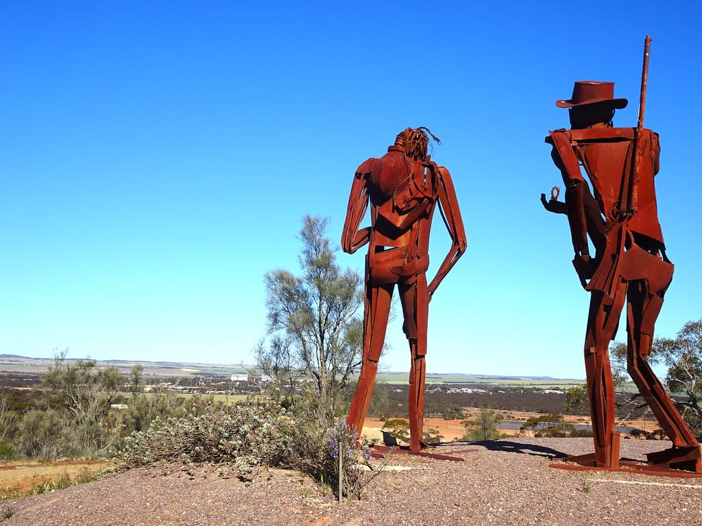 Kimba. Eyre Peninsula. The rusty iron sculptures of explorer Edward John Eyre and his Aboriginal friend Wylie who helped him cross the Nullarbor Plain in 1844. Sited on a hill  outside the town of Kimba.