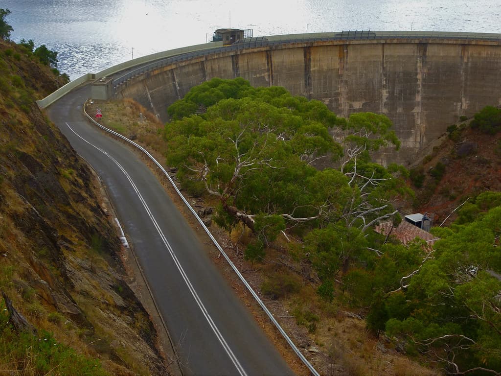 Myponga. The reservoir wall. Built 1958 to 1962.  On the Fleurieu Peninsula.