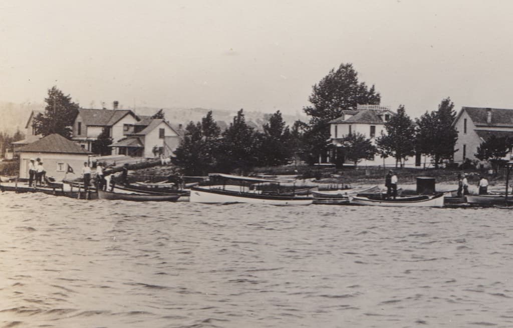 NW Beulah MI c.1908 RPPC Crystal Lake VIEW OF TERP'S  LAKESIDE PAVILLION & DANCE HALL & Boat Docks on the Waterfront right down on the beach next to the Excursion and Launch Docks where the Village Trailer Park is now 1-2