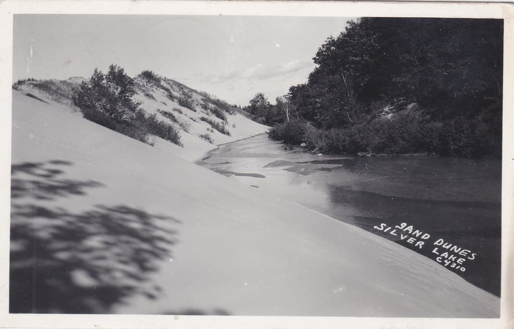 CEN Hart Mears Oceana MI RPPC DUNES & OUTLET @ Juniper Beach near Hart & the Silver Lake State Park & the famous Sand Dunes on Lake Michigan just north of the Little Sable Point USCG Lighthouse 3