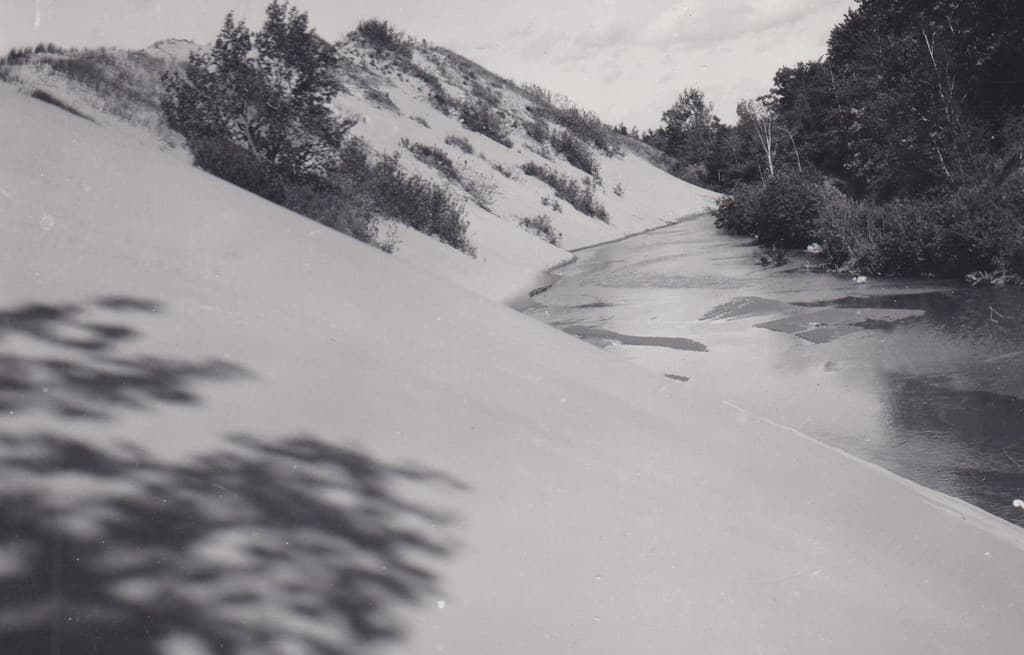 CEN Hart Mears Oceana MI RPPC DUNES & OUTLET @ Juniper Beach near Hart & the Silver Lake State Park & the famous Sand Dunes on Lake Michigan just north of the Little Sable Point USCG Lighthouse 3-2